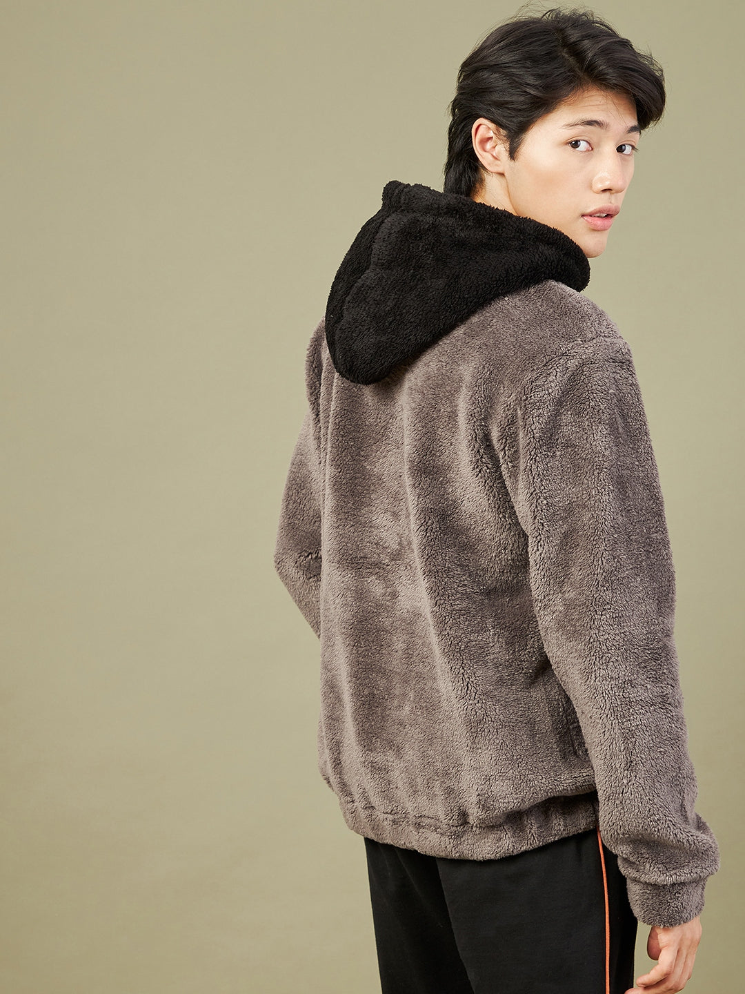 Charcoal Grey Fur Colorblock Hoodie-MASCLN