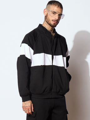 Black & White Colorblock Oversized Zipper Sweatshirt-MASCLN SASSAFRAS