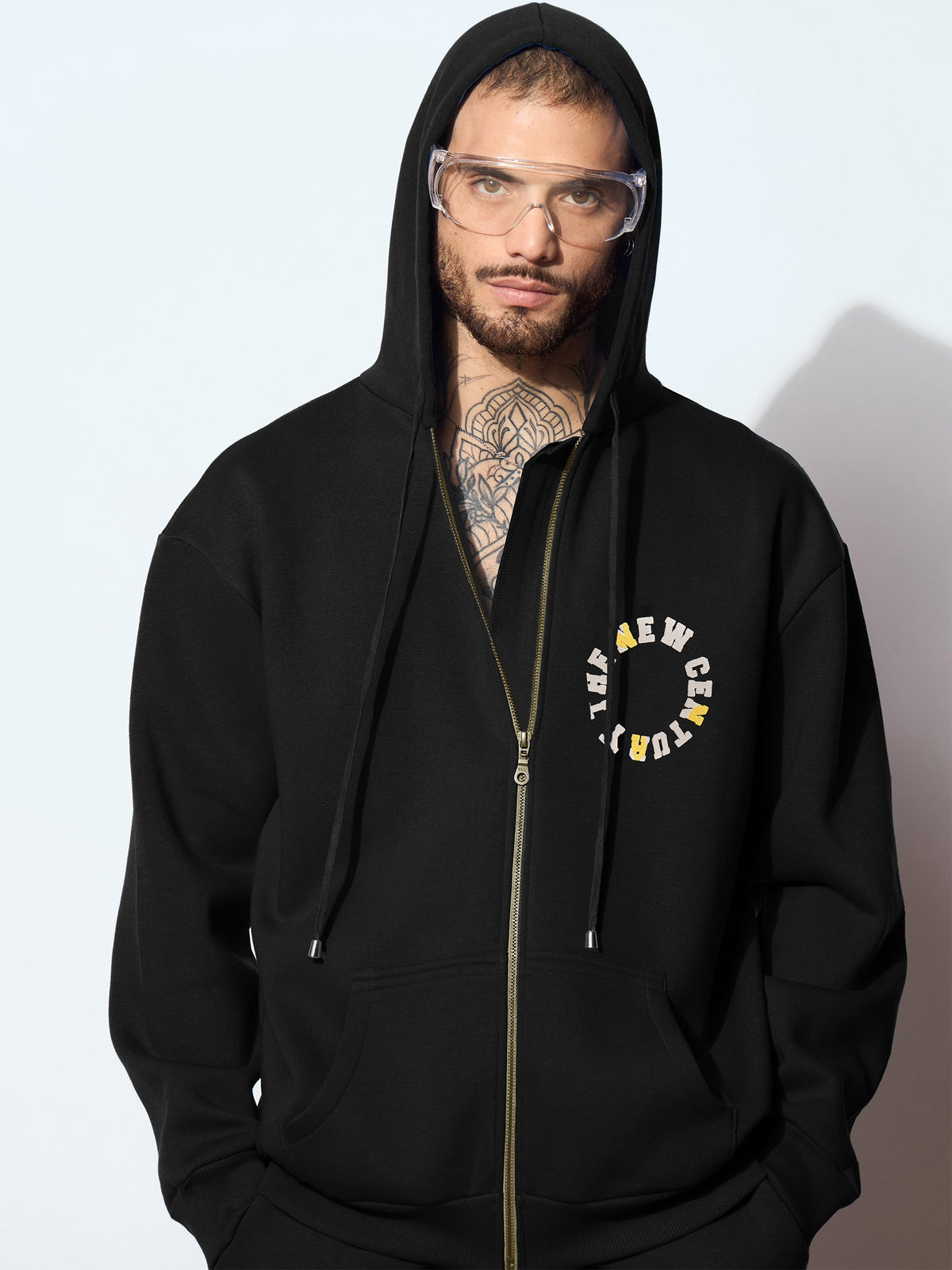 Black CENTURY Oversized Zipper Hoodie-MASCLN SASSAFRAS