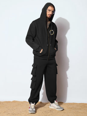 Black CENTURY Oversized Zipper Hoodie with Cargo Joggers-MASCLN SASSAFRAS