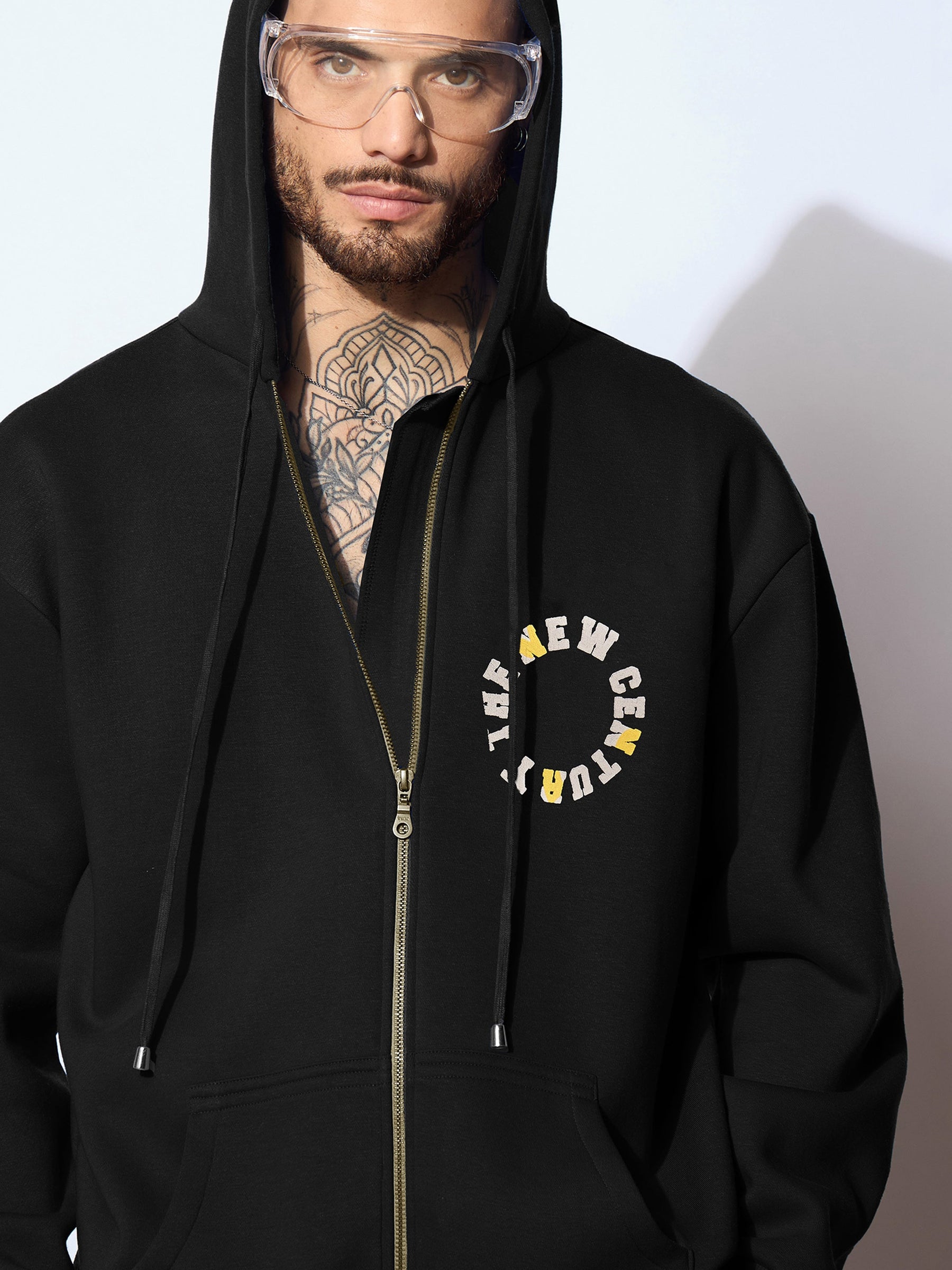 Black CENTURY Oversized Zipper Hoodie with Cargo Joggers-MASCLN SASSAFRAS