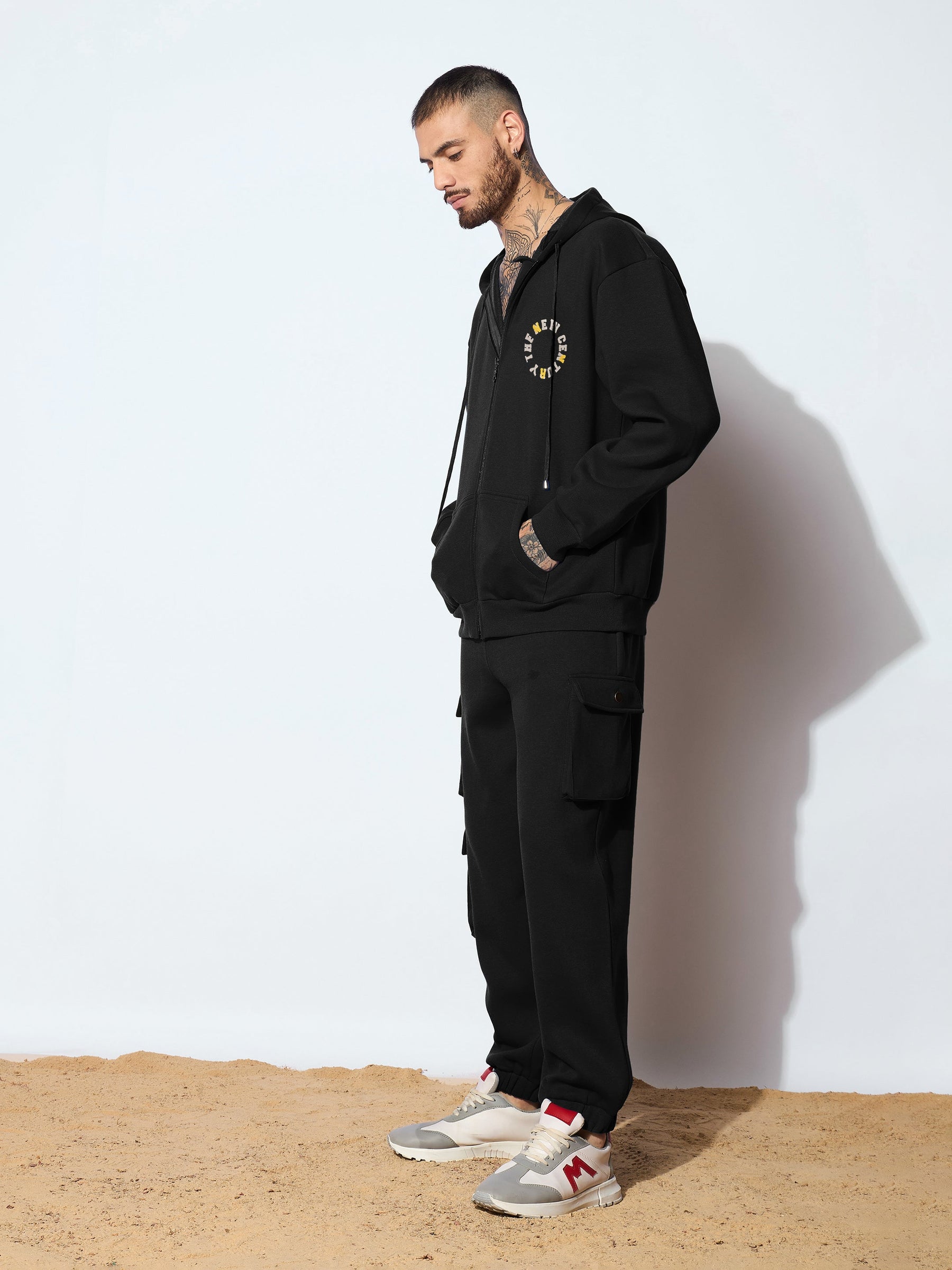 Black CENTURY Oversized Zipper Hoodie with Cargo Joggers-MASCLN SASSAFRAS