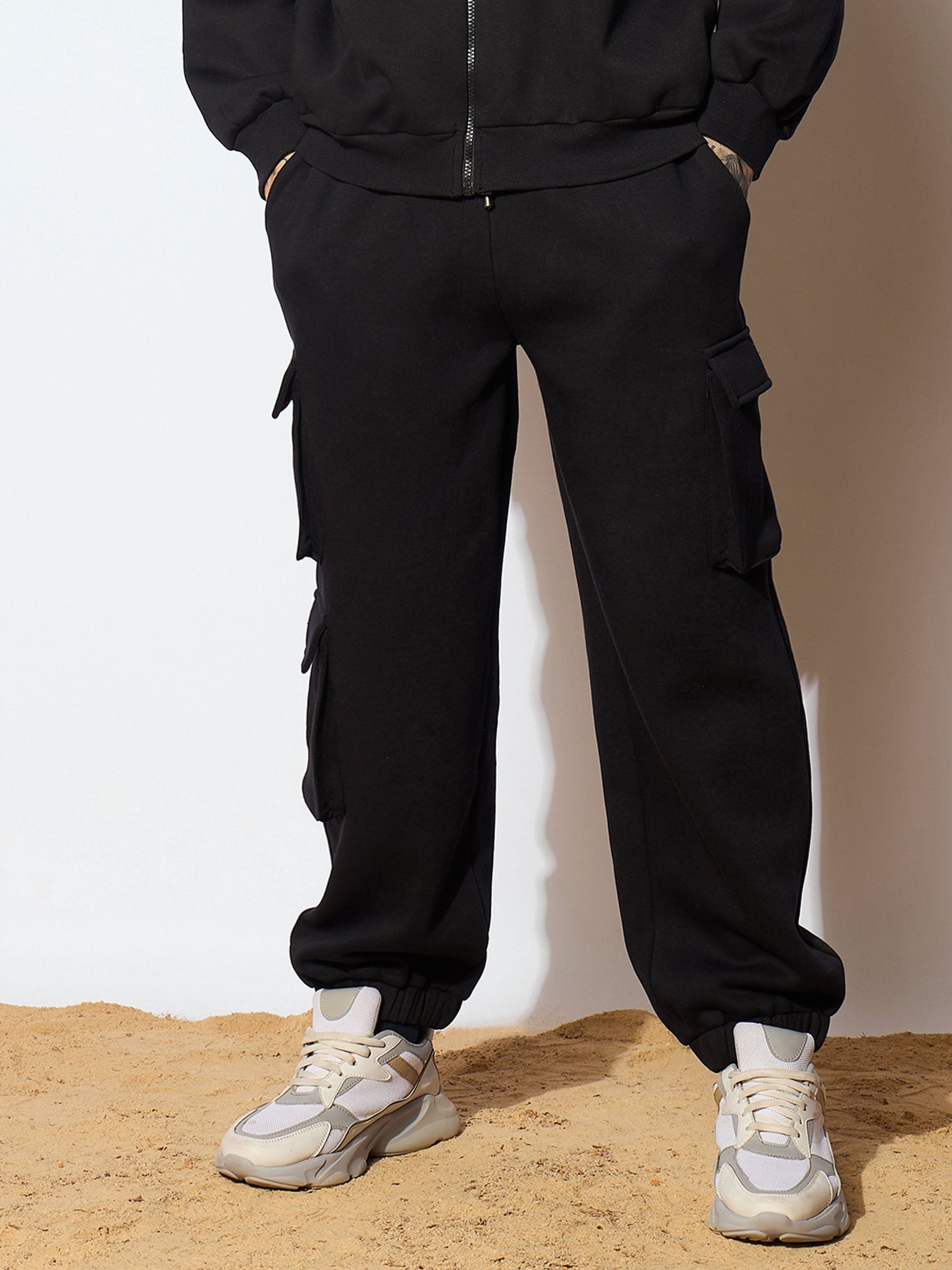 Black CENTURY Oversized Zipper Hoodie with Cargo Joggers-MASCLN SASSAFRAS