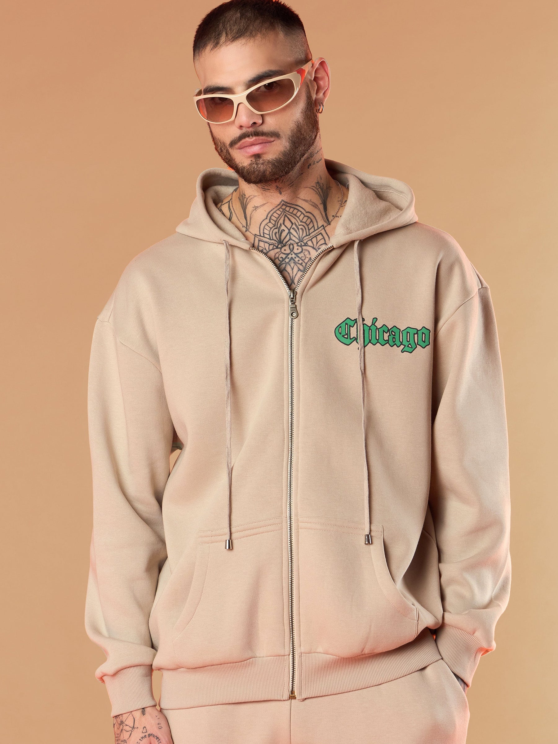 Taupe CHICAGO Oversized Zipper Hoodie with Joggers-MASCLN SASSAFRAS