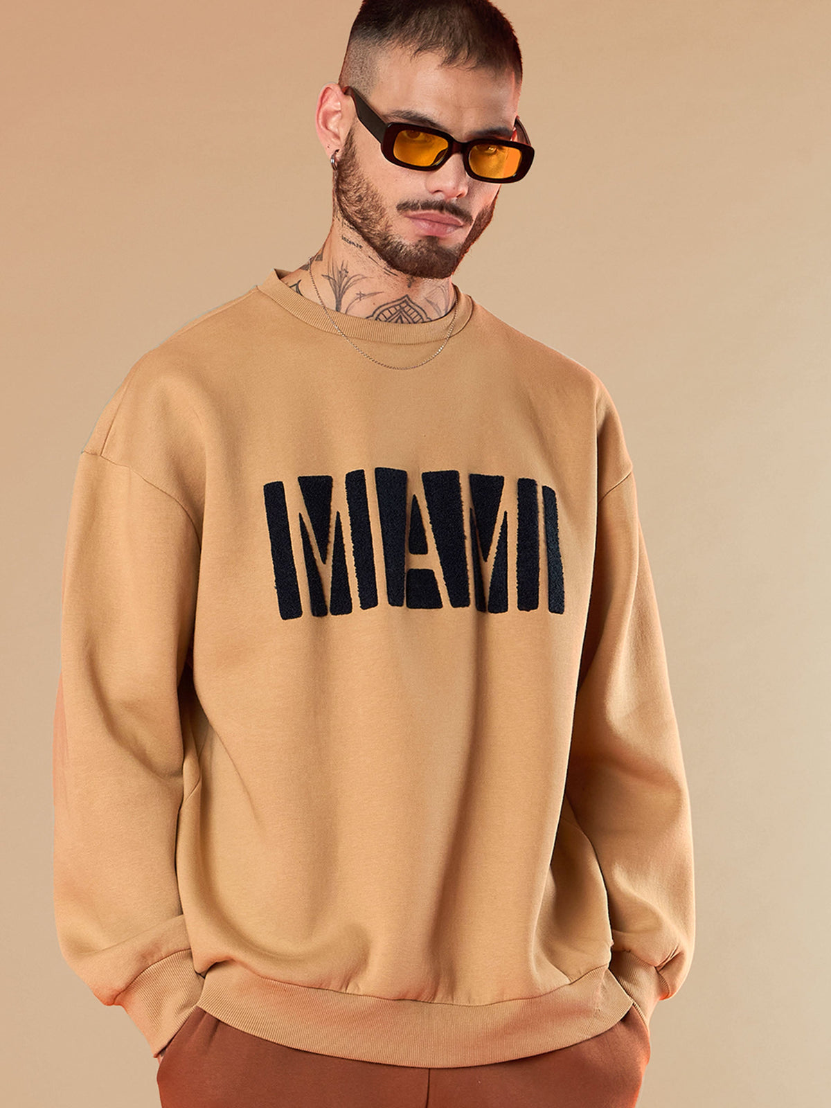 Beige MIAMI Embroidery Oversize Sweatshirt-MASCLN SASSAFRAS