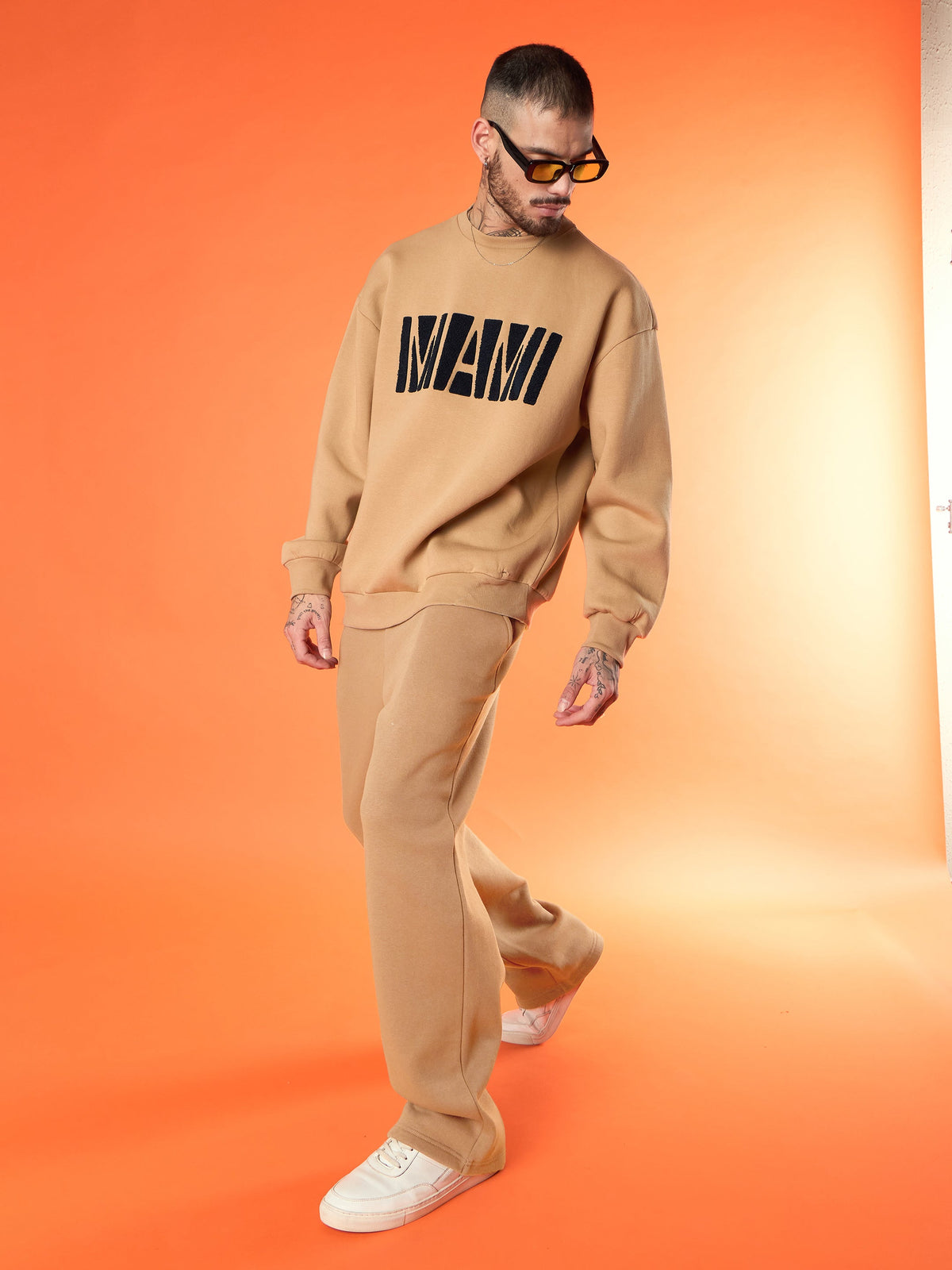 Beige MIAMI Embroidery Oversize Sweatshirt With Sweatpants-MASCLN SASSAFRAS