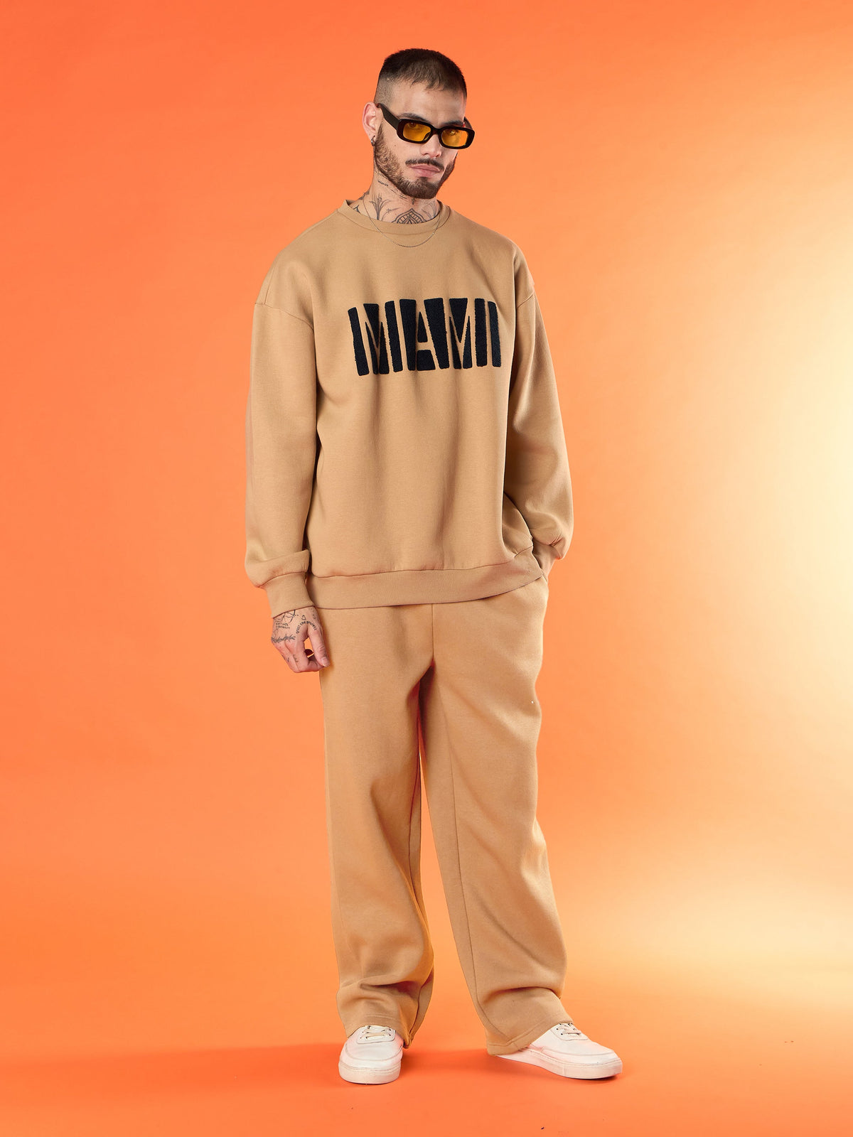 Beige MIAMI Embroidery Oversize Sweatshirt With Sweatpants-MASCLN SASSAFRAS