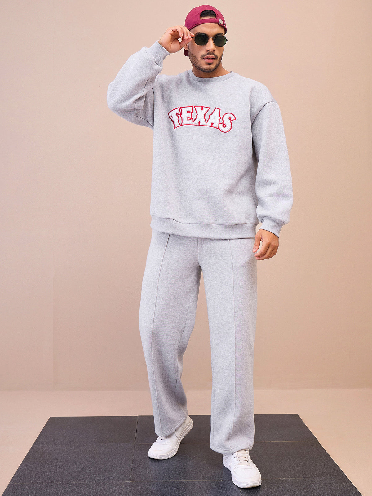 Grey TEXAS Embroidery Oversize Sweatshirt With Sweatpants-MASCLN SASSAFRAS