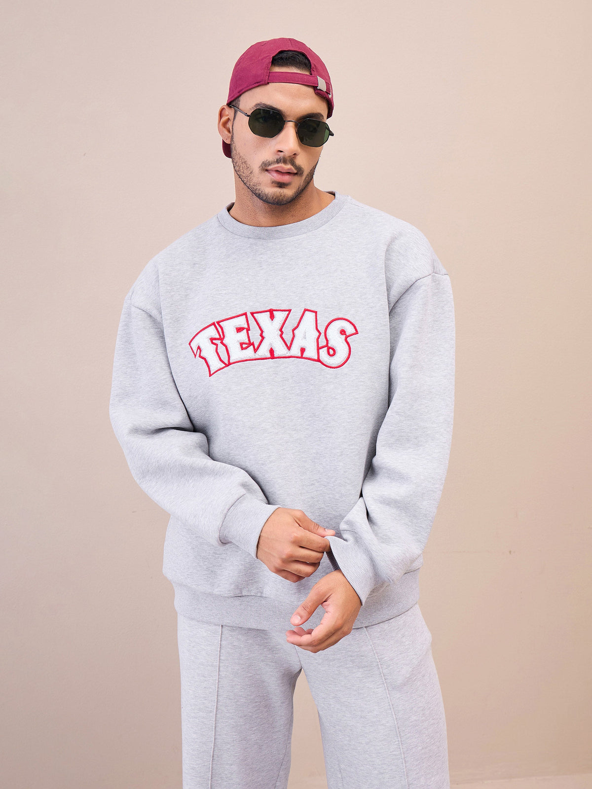 Grey TEXAS Embroidery Oversize Sweatshirt With Sweatpants-MASCLN SASSAFRAS