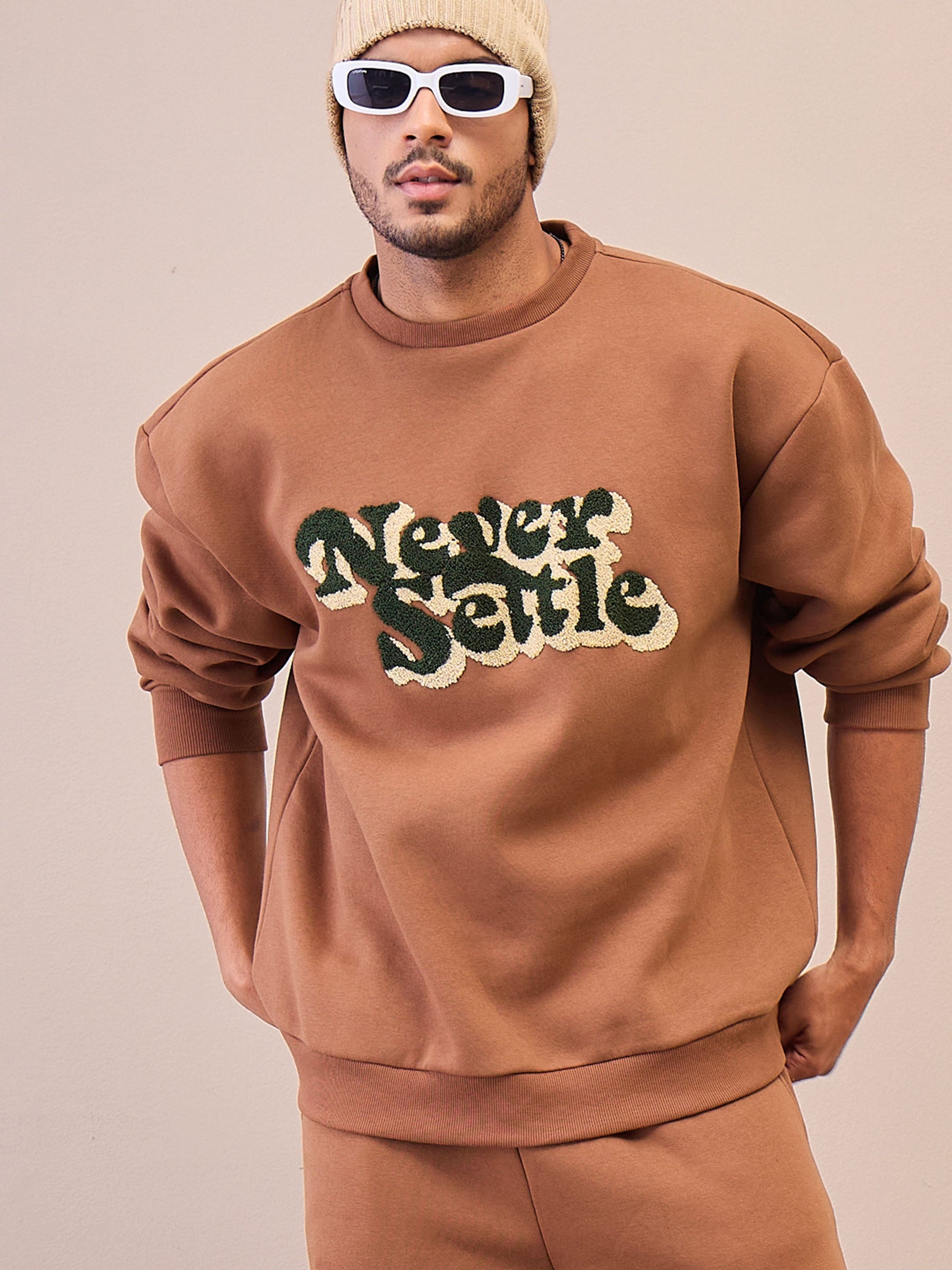 Brown NEVER SETTLE Embroidery Oversize Sweatshirt-MASCLN SASSAFRAS