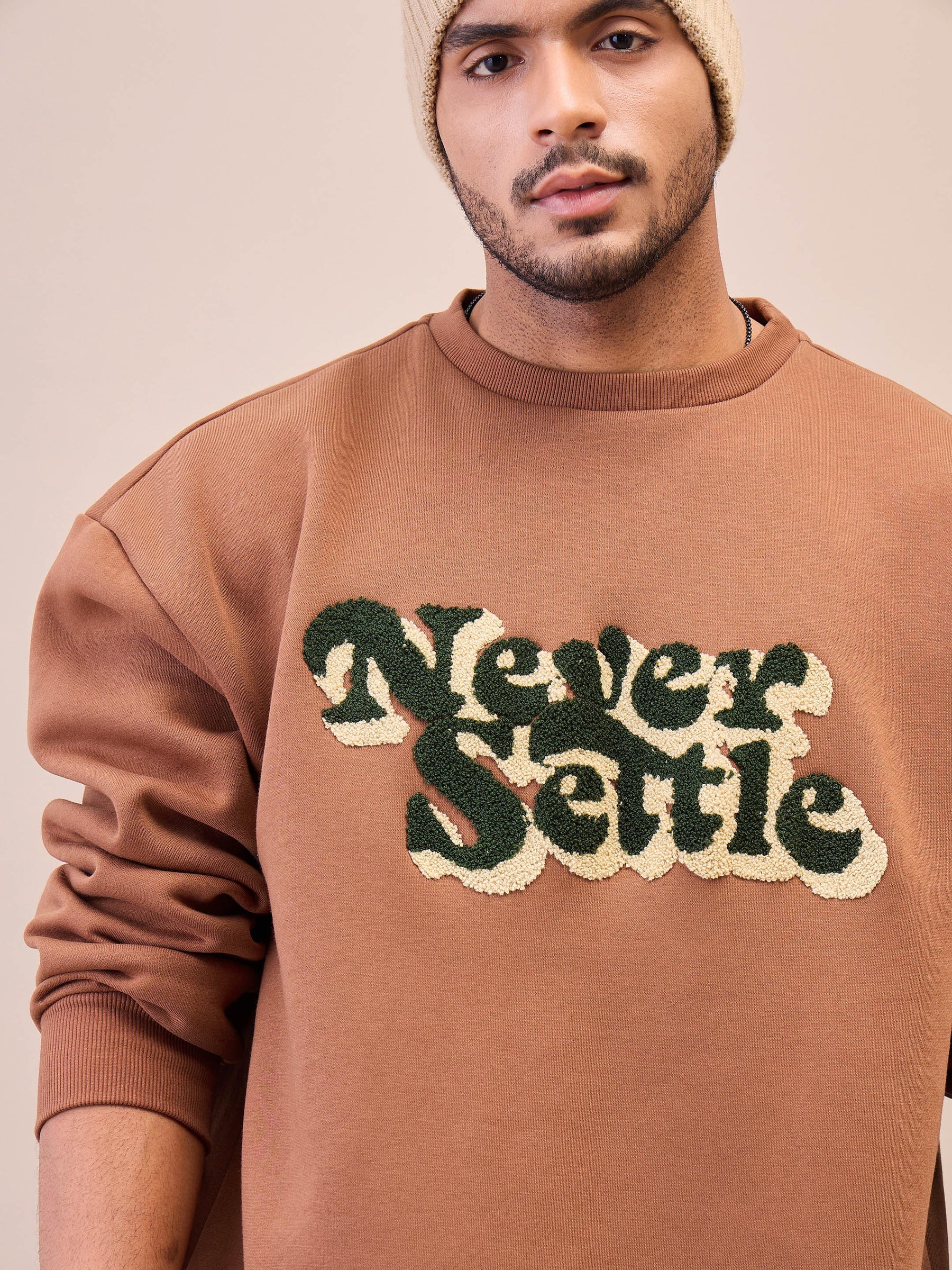 Brown NEVER SETTLE Embroidery Oversize Sweatshirt-MASCLN SASSAFRAS