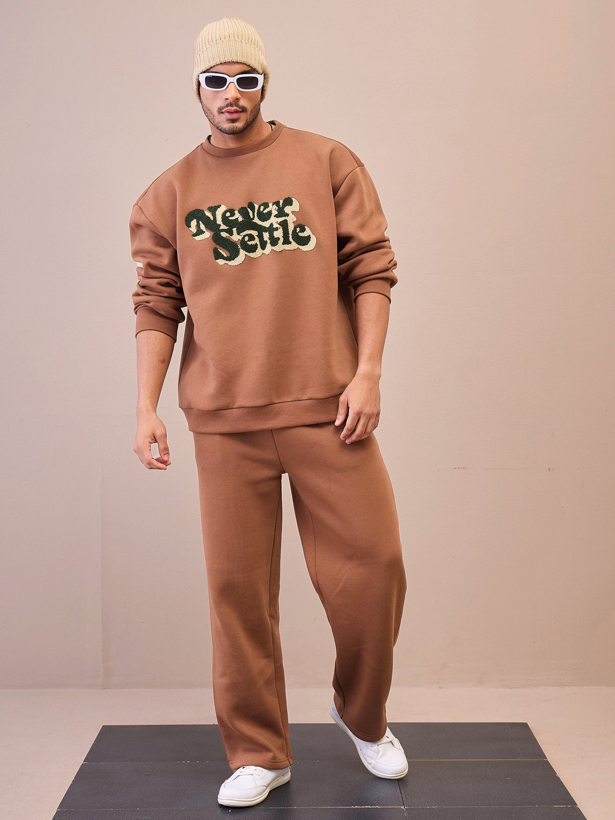 Brown NEVER SETTLE Embroidery Oversize Sweatshirt With Sweatpants-MASCLN SASSAFRAS