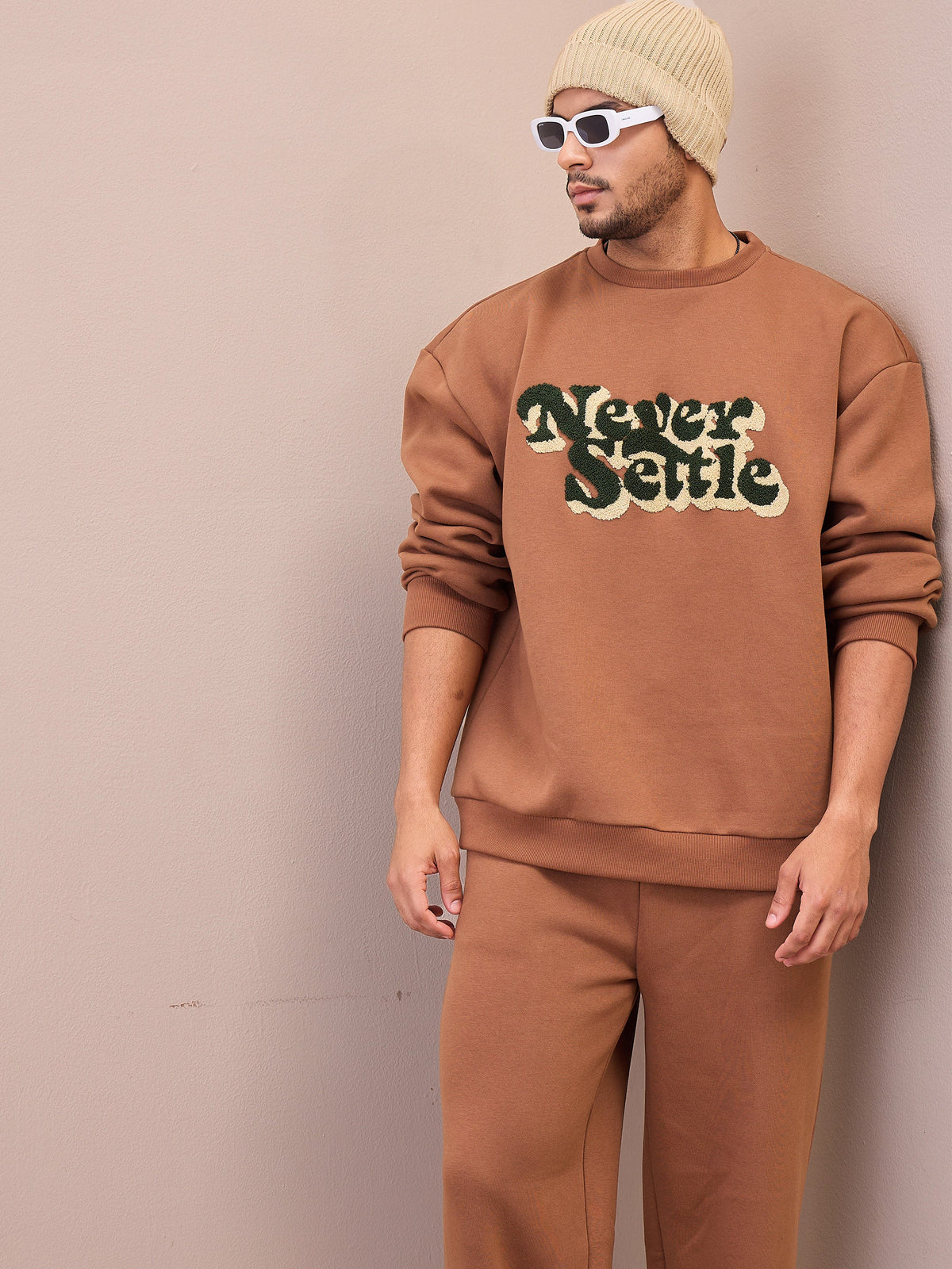 Brown NEVER SETTLE Embroidery Oversize Sweatshirt With Sweatpants-MASCLN SASSAFRAS