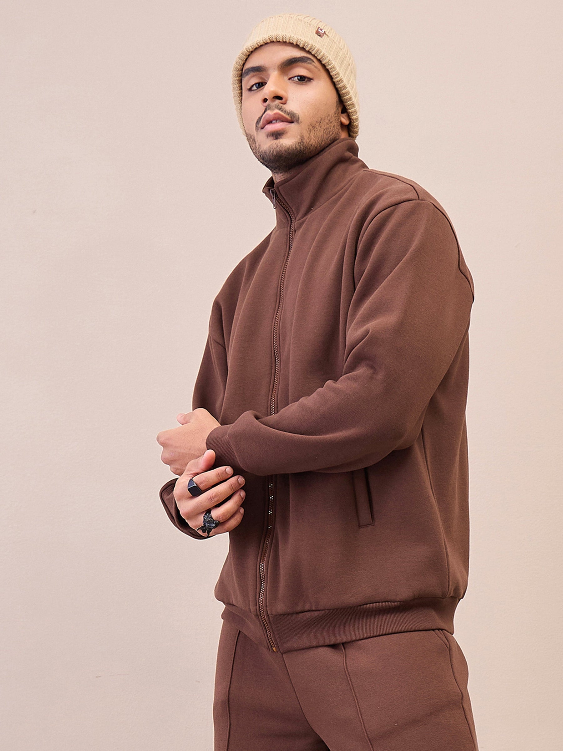 Dark Brown Front Zipper Oversize Sweatshirt-MASCLN SASSAFRAS