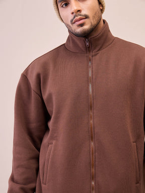 Dark Brown Front Zipper Oversize Sweatshirt-MASCLN SASSAFRAS