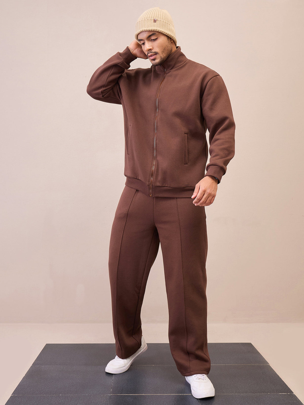 Dark Brown Front Zipper Oversize Sweatshirt With Sweatpants-MASCLN SASSAFRAS