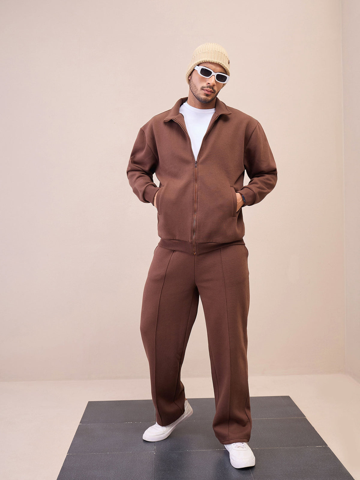 Dark Brown Front Zipper Oversize Sweatshirt With Sweatpants-MASCLN SASSAFRAS