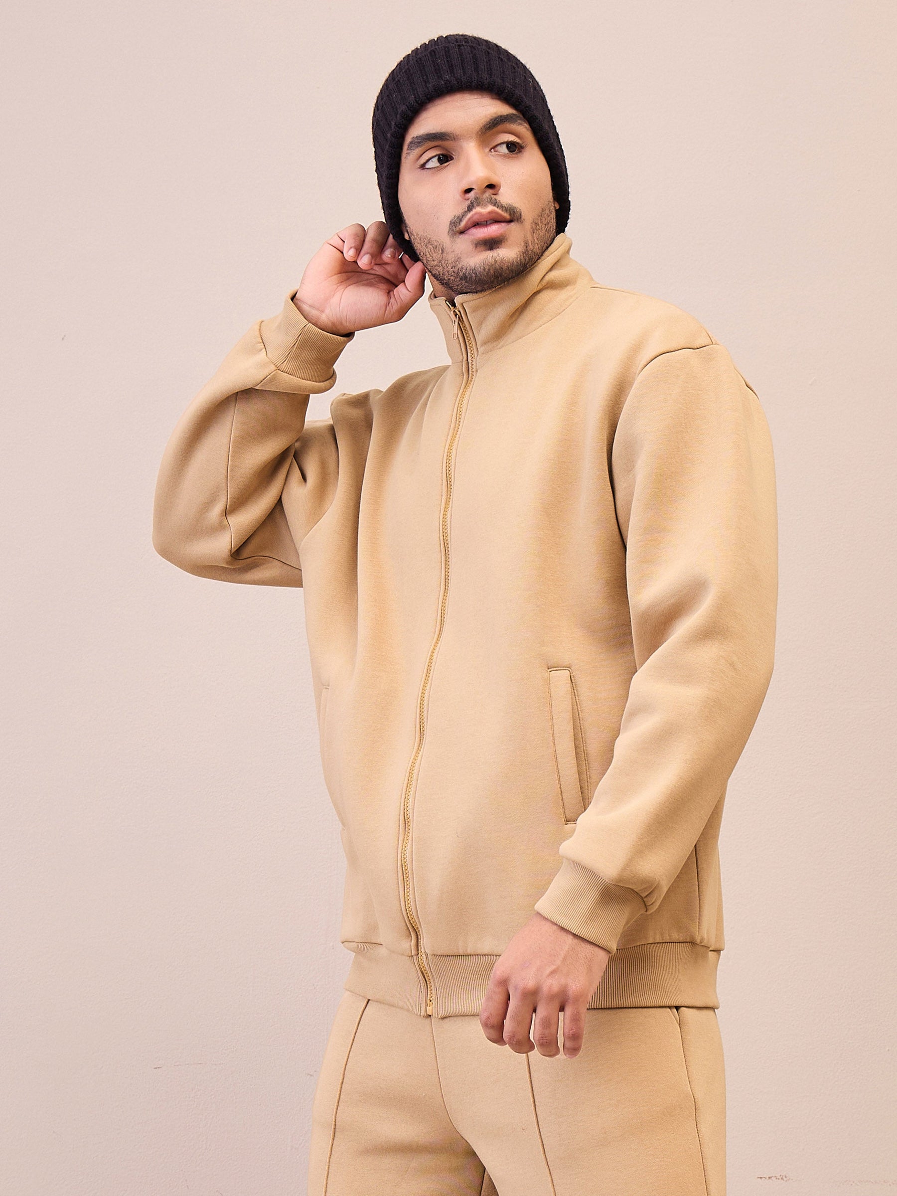 Beige Front Zipper Oversize Sweatshirt-MASCLN SASSAFRAS