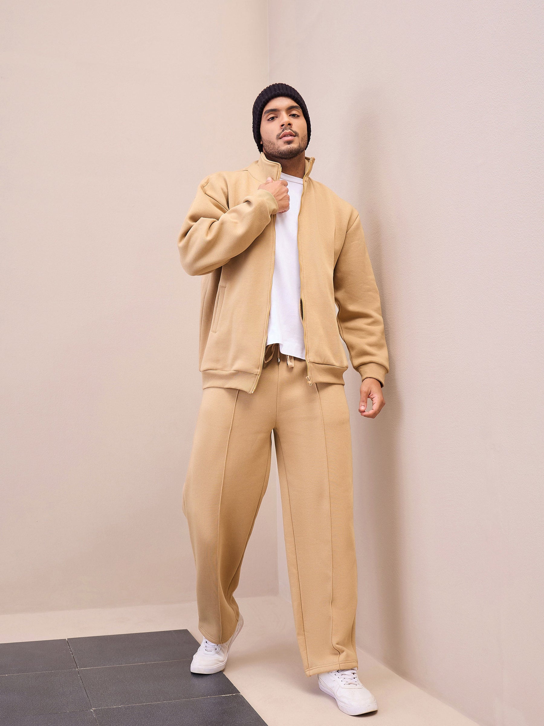 Beige Front Zipper Oversize Sweatshirt With Sweatpants-MASCLN SASSAFRAS