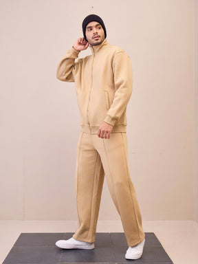 Beige Front Zipper Oversize Sweatshirt With Sweatpants-MASCLN SASSAFRAS