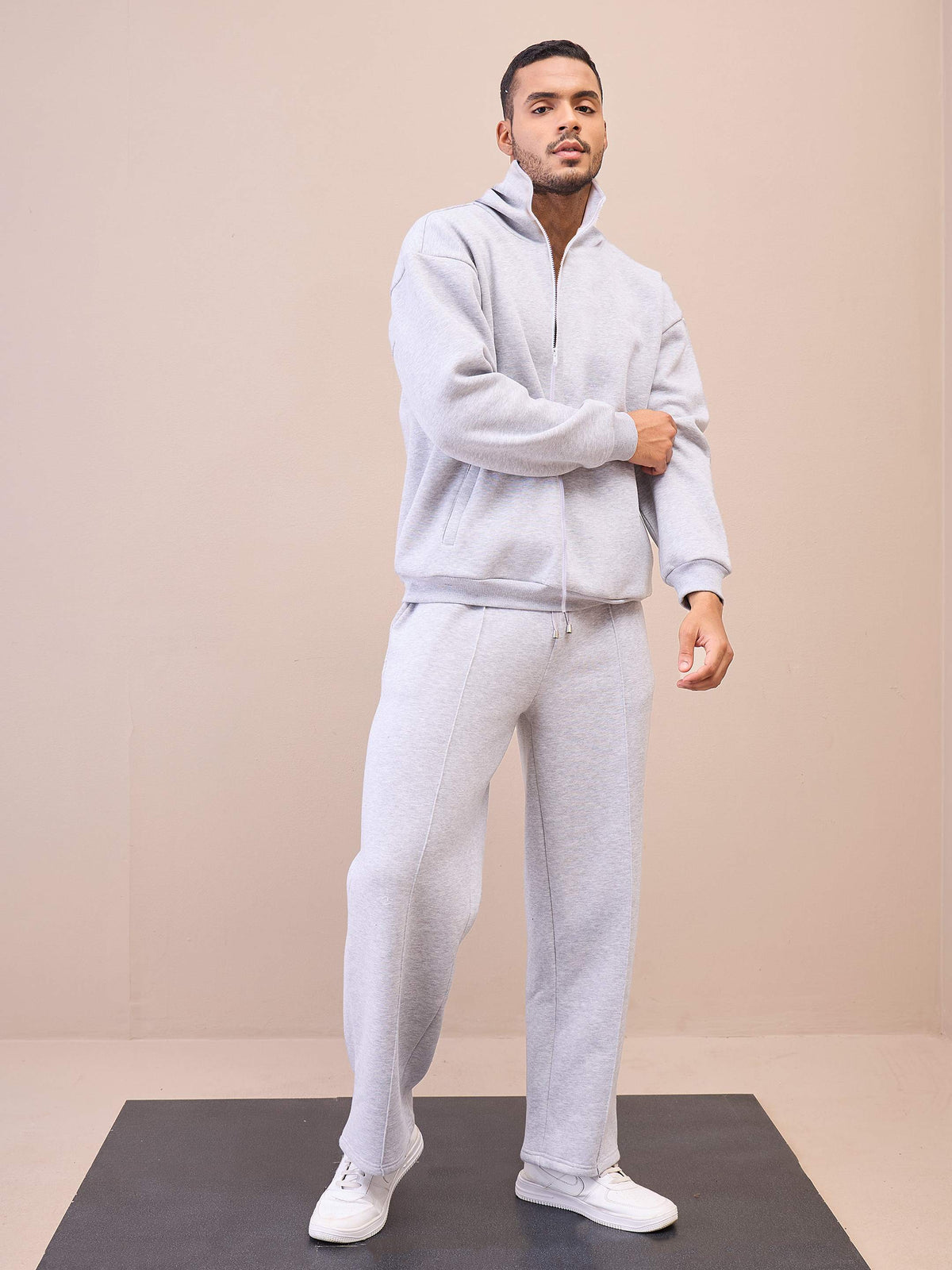 Grey Front Zipper Oversize Sweatshirt With Sweatpants-MASCLN SASSAFRAS