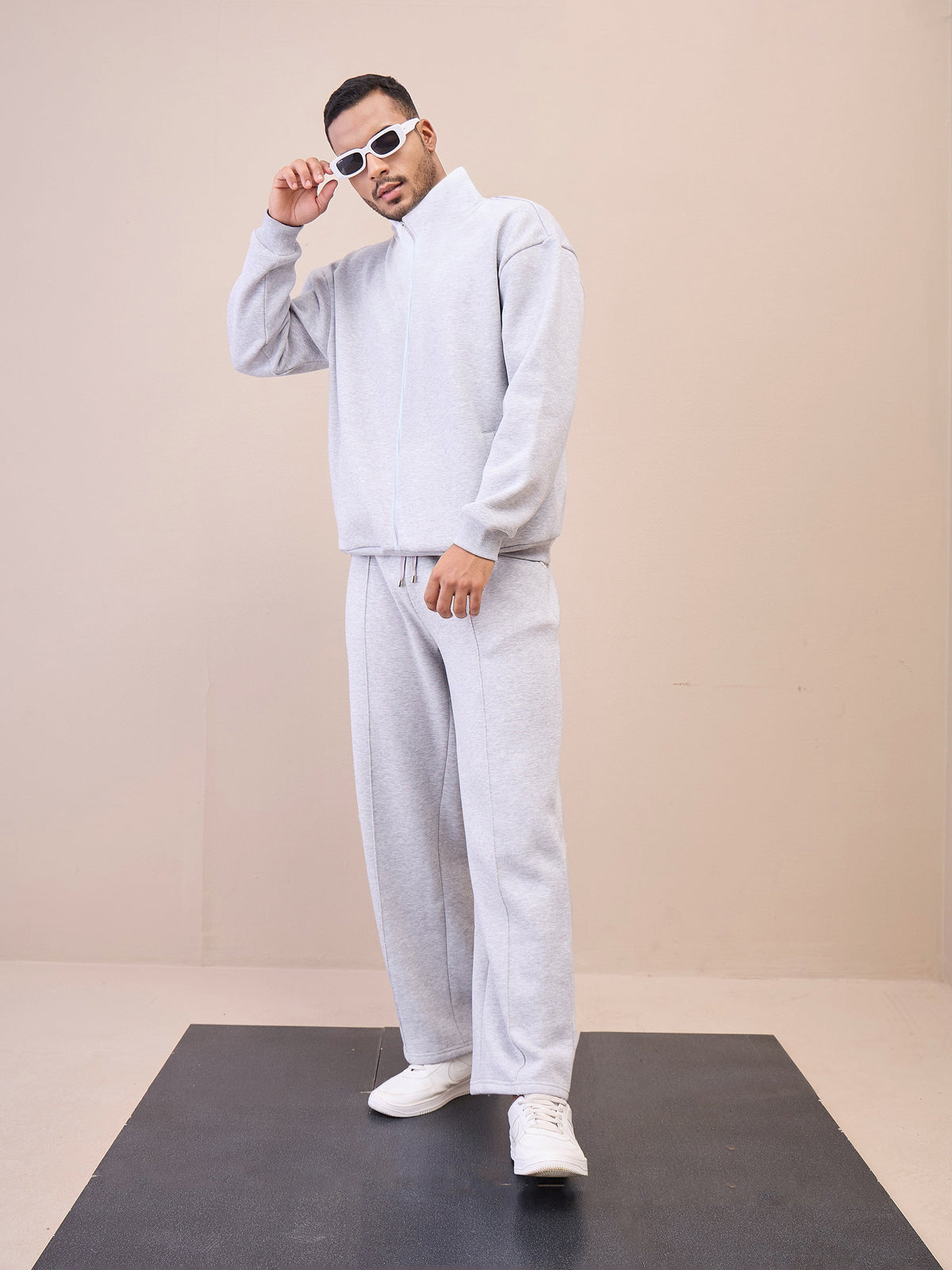 Grey Front Zipper Oversize Sweatshirt With Sweatpants-MASCLN SASSAFRAS