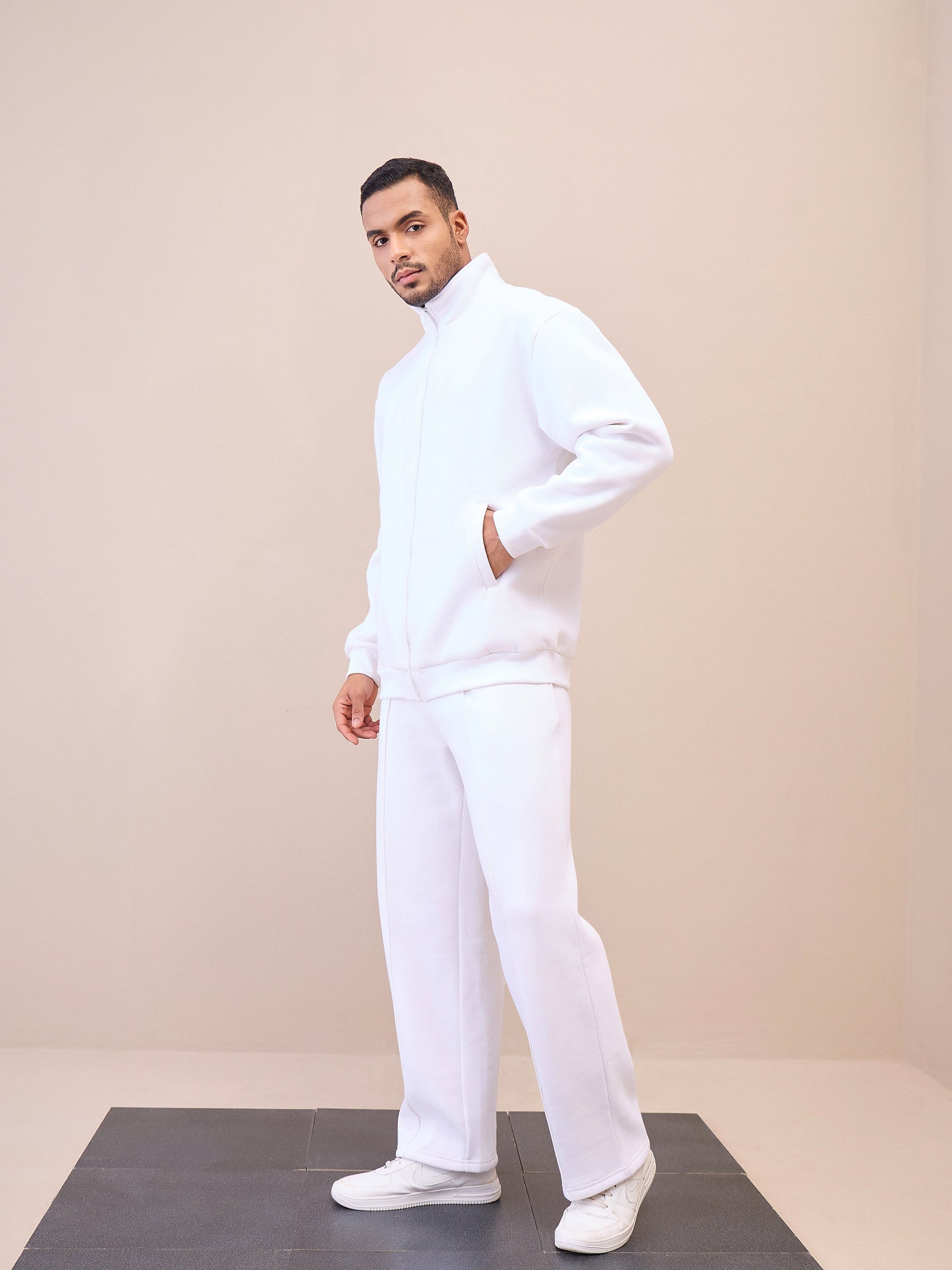 White Front Zipper Oversize Sweatshirt With Sweatpants-MASCLN SASSAFRAS