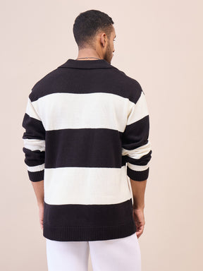 Unisex Black & Off White Collar Neck Oversize Sweater-MASCLN SASSAFRAS