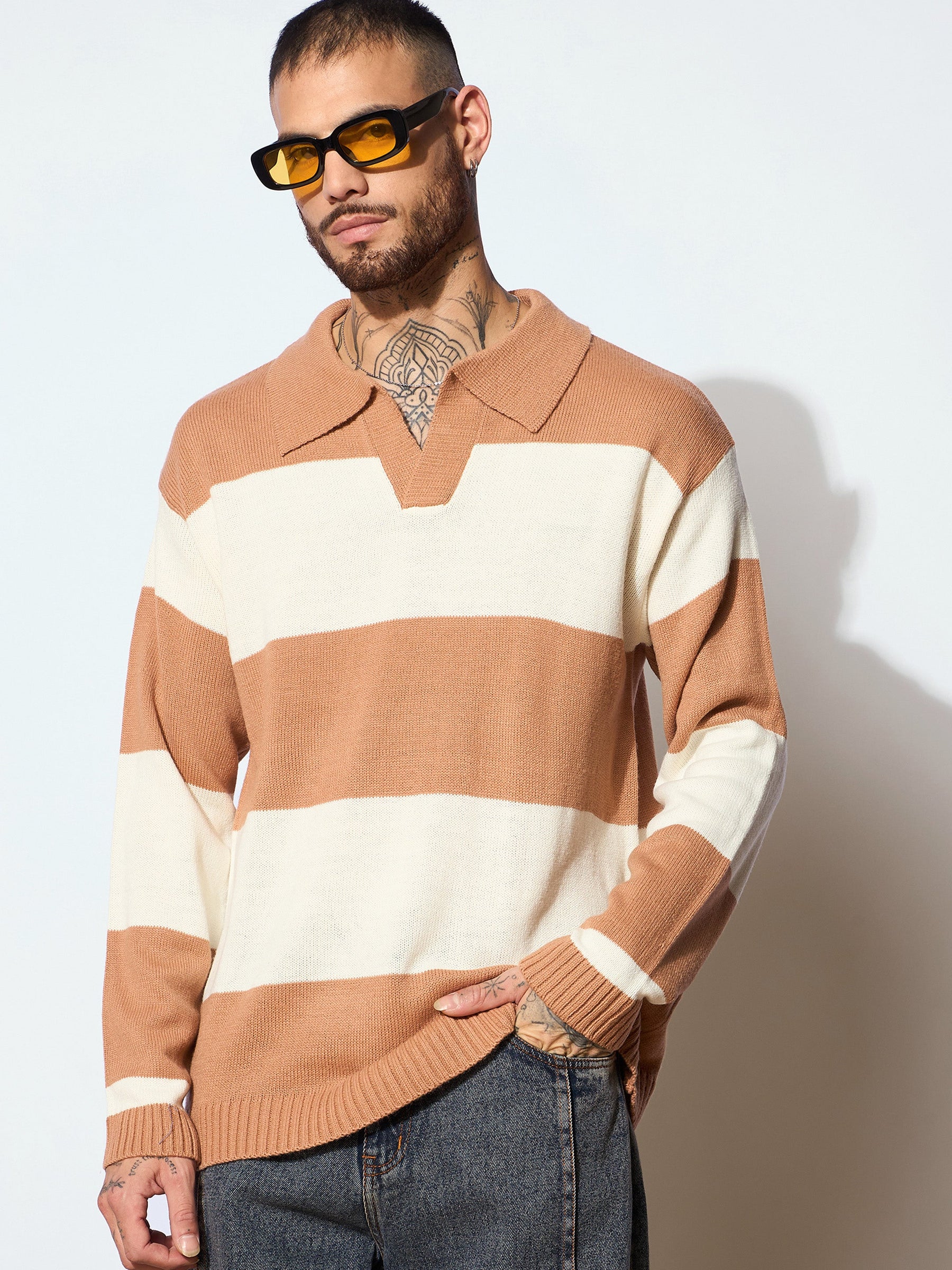 Unisex Beige & Off White Collar Neck Oversize Sweater-MASCLN SASSAFRAS