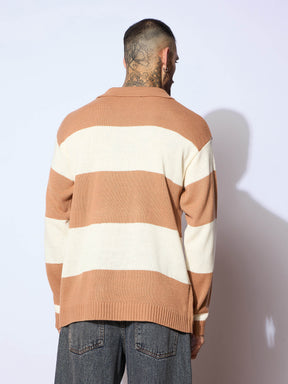 Unisex Beige & Off White Collar Neck Oversize Sweater-MASCLN SASSAFRAS