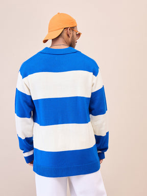 Unisex Blue & Off White Collar Neck Oversize Sweater-MASCLN SASSAFRAS