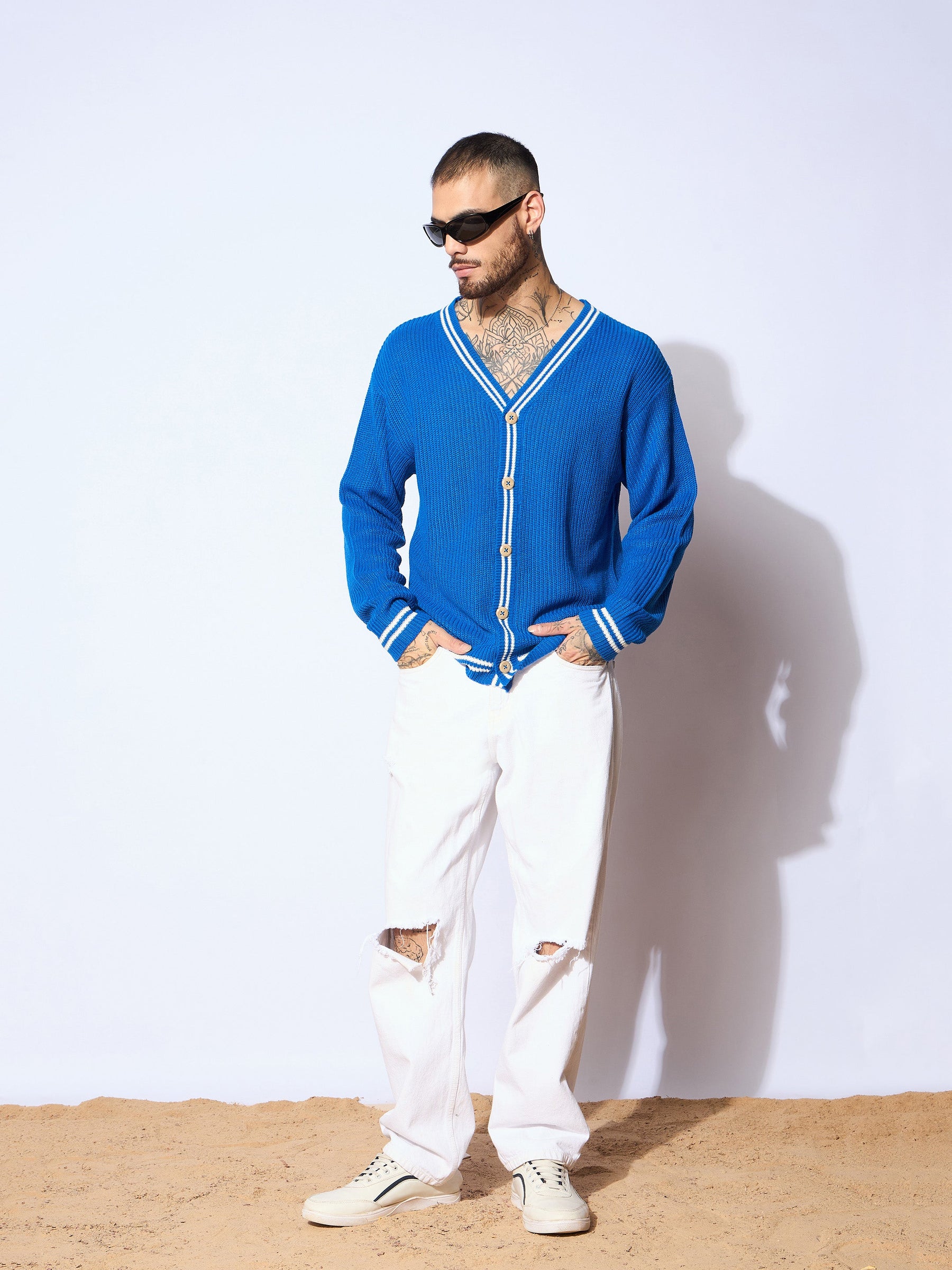 Unisex Blue & White Front Button Cardigan-MASCLN SASSAFRAS