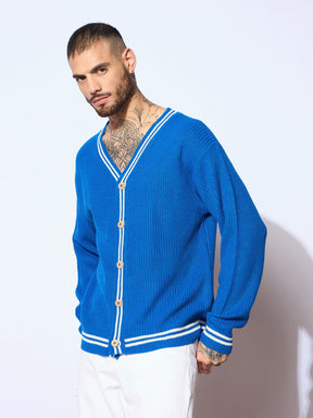 Unisex Blue & White Front Button Cardigan-MASCLN SASSAFRAS