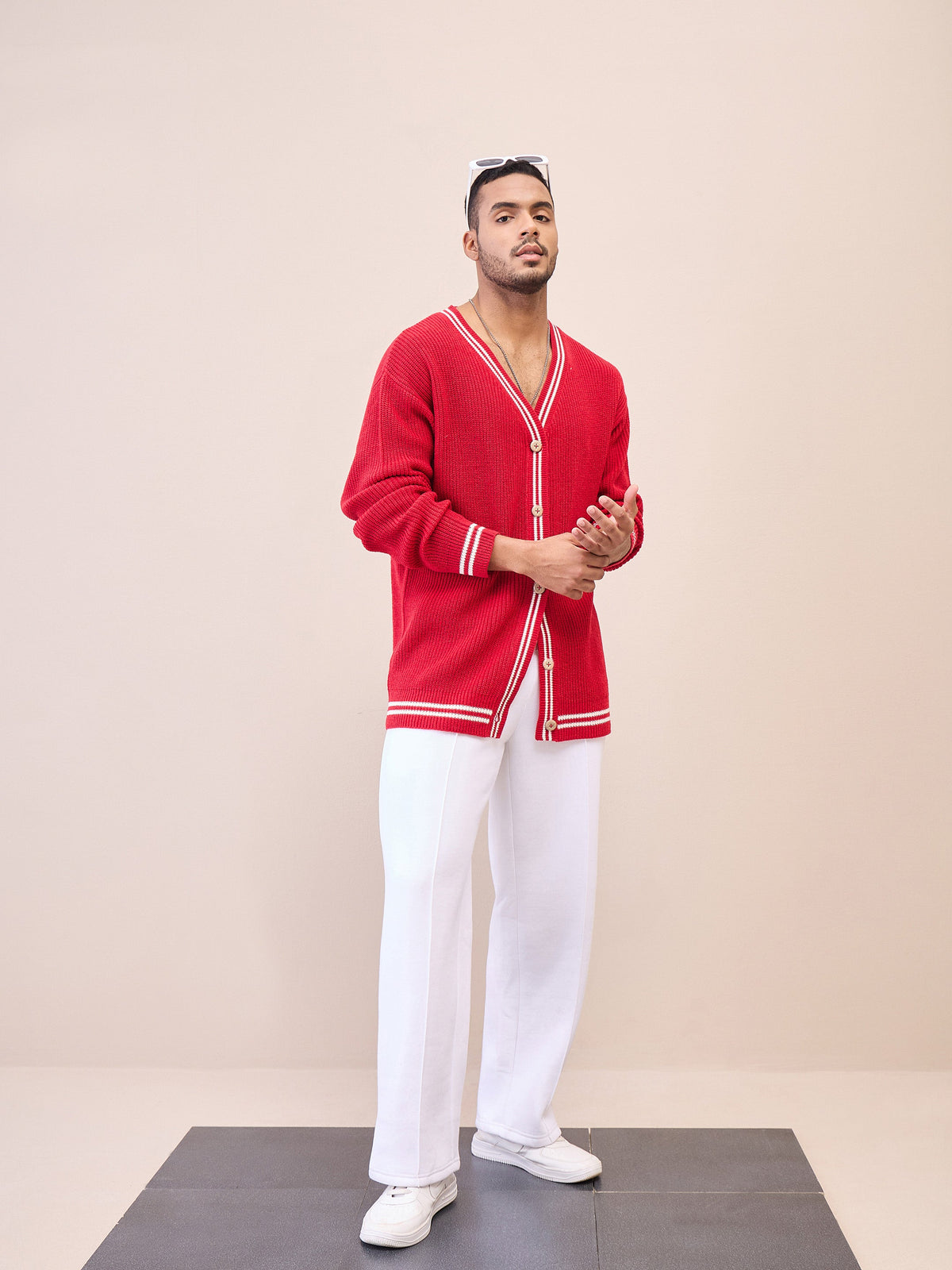 Unisex Red & Off White Front Button Cardigan-MASCLN SASSAFRAS