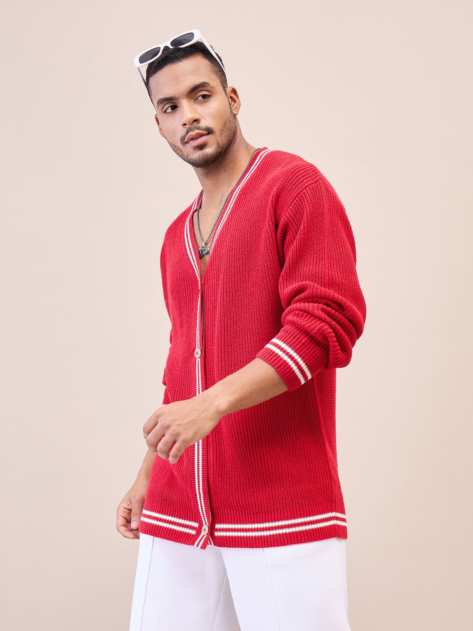 Unisex Red & Off White Front Button Cardigan-MASCLN SASSAFRAS