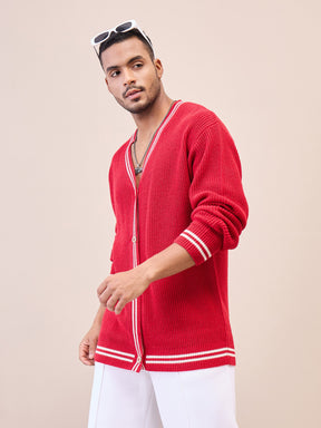 Unisex Red & Off White Front Button Cardigan-MASCLN SASSAFRAS