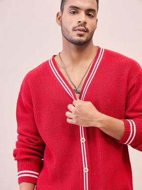 Unisex Red & Off White Front Button Cardigan-MASCLN SASSAFRAS