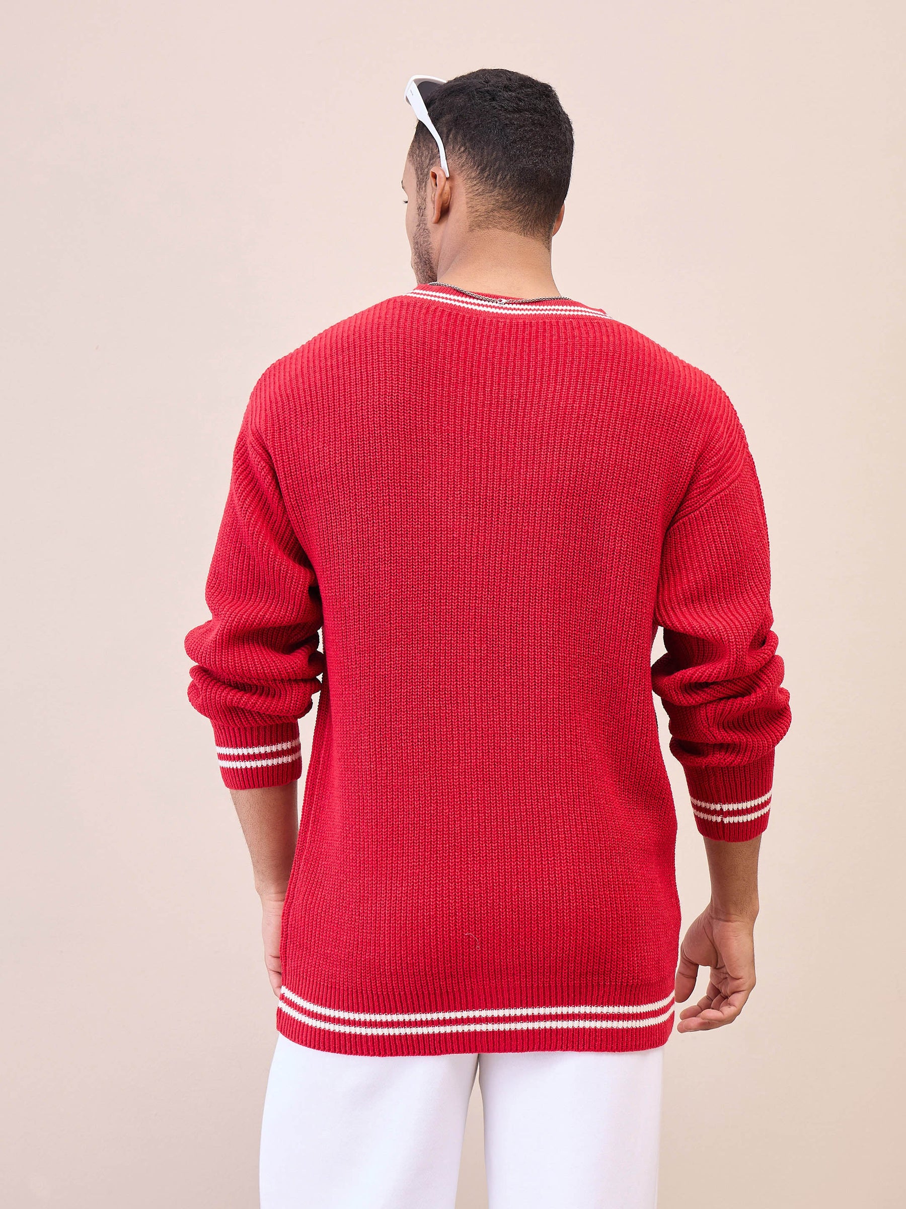 Unisex Red & Off White Front Button Cardigan-MASCLN SASSAFRAS