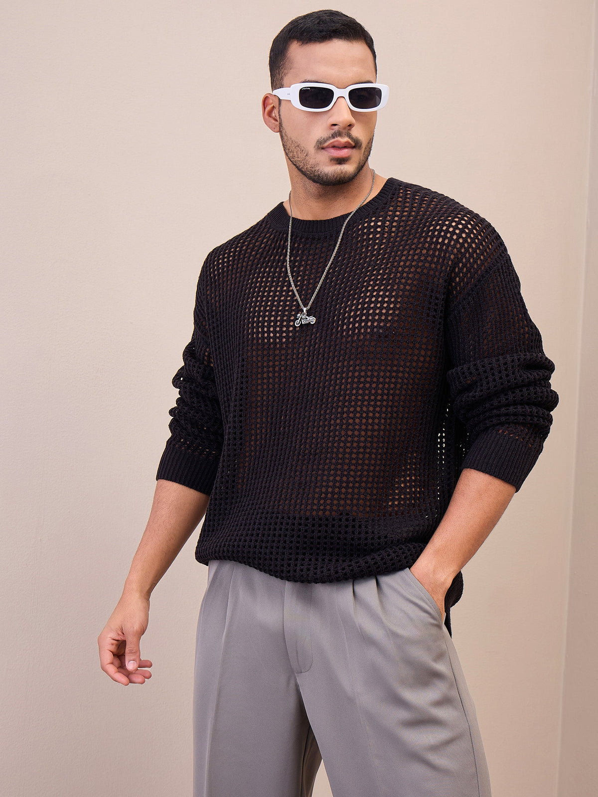 Unisex Black Oversize Crochet Sweater-MASCLN SASSAFRAS