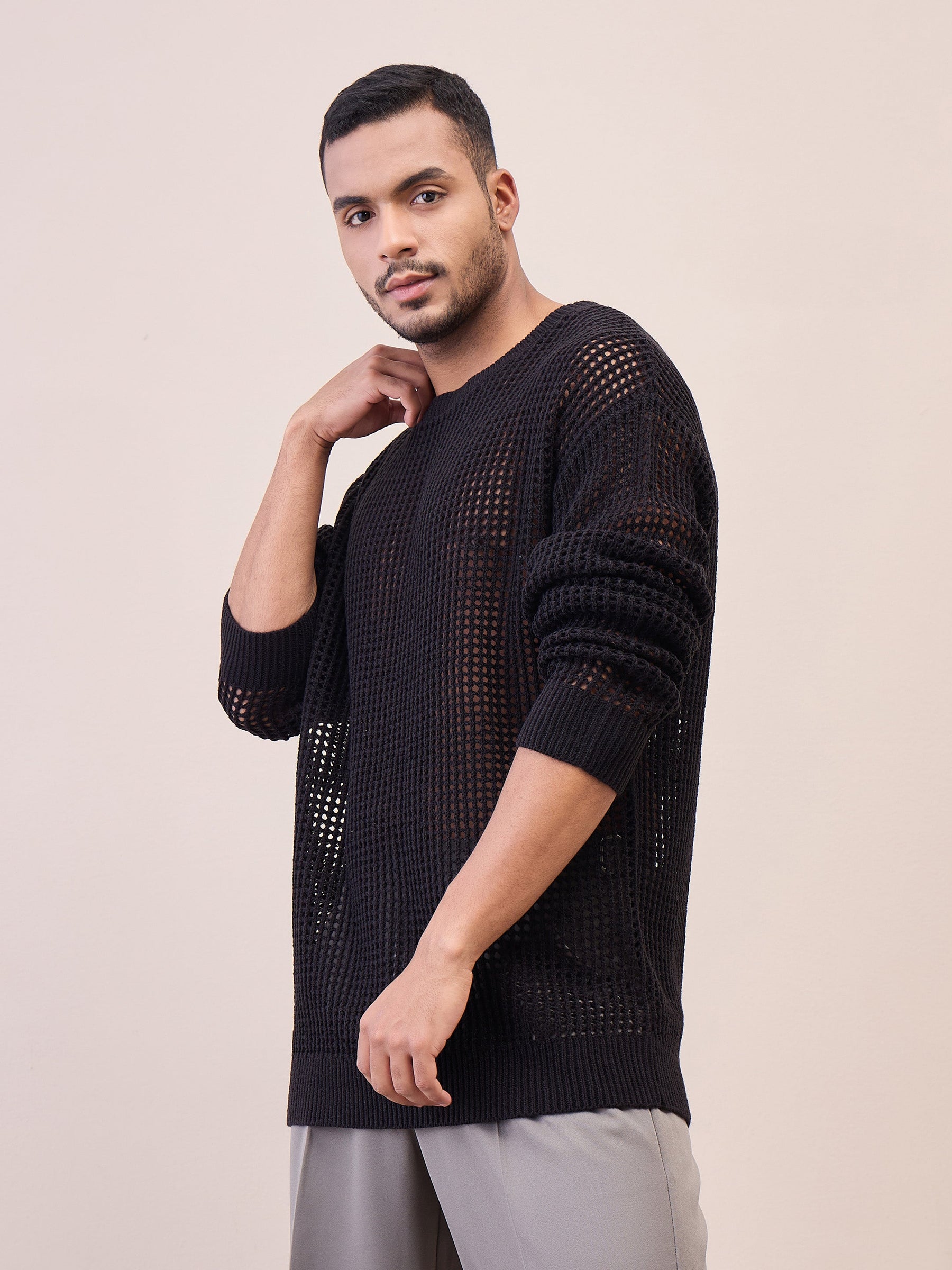 Unisex Black Oversize Crochet Sweater-MASCLN SASSAFRAS