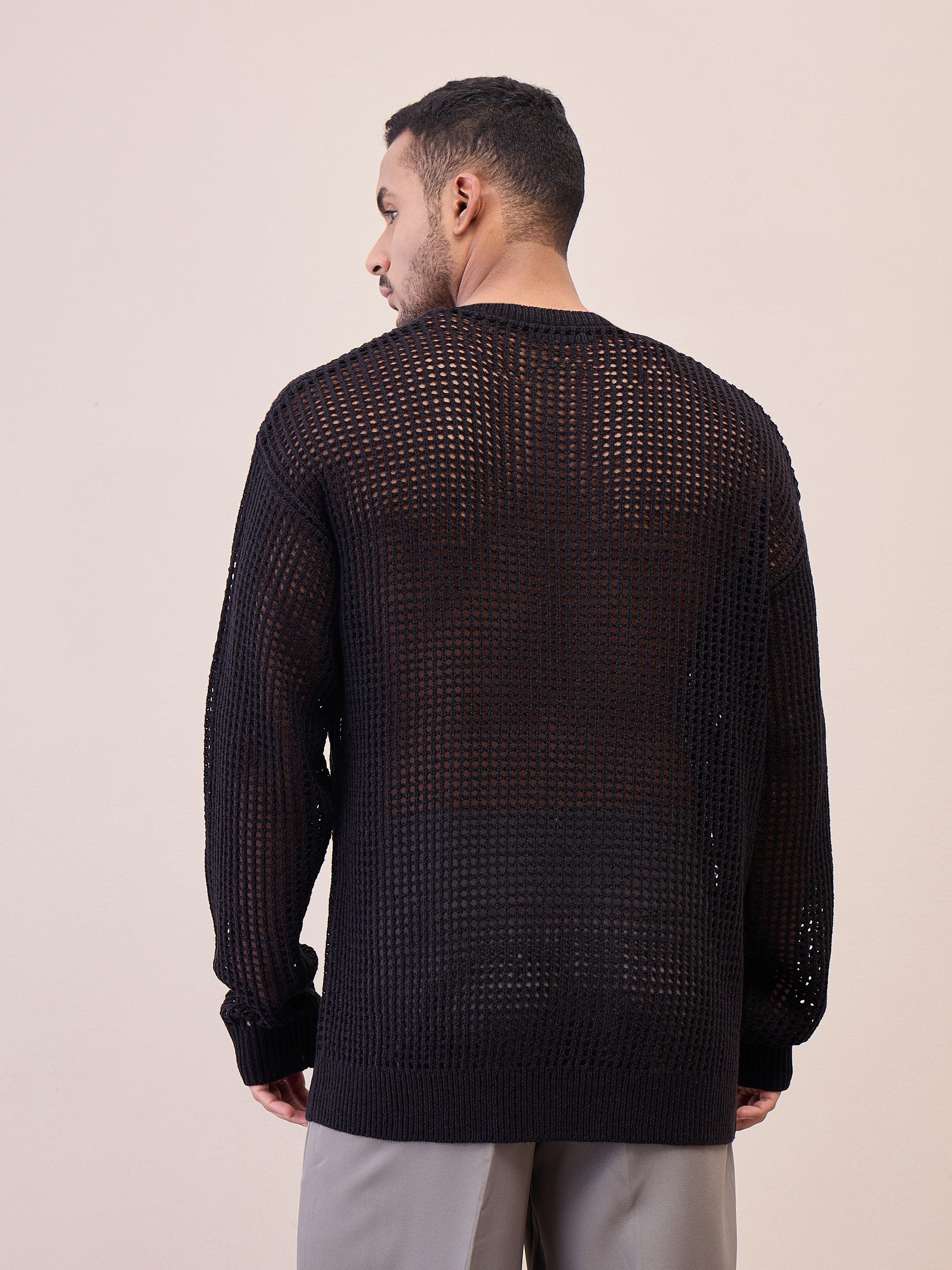 Unisex Black Oversize Crochet Sweater-MASCLN SASSAFRAS