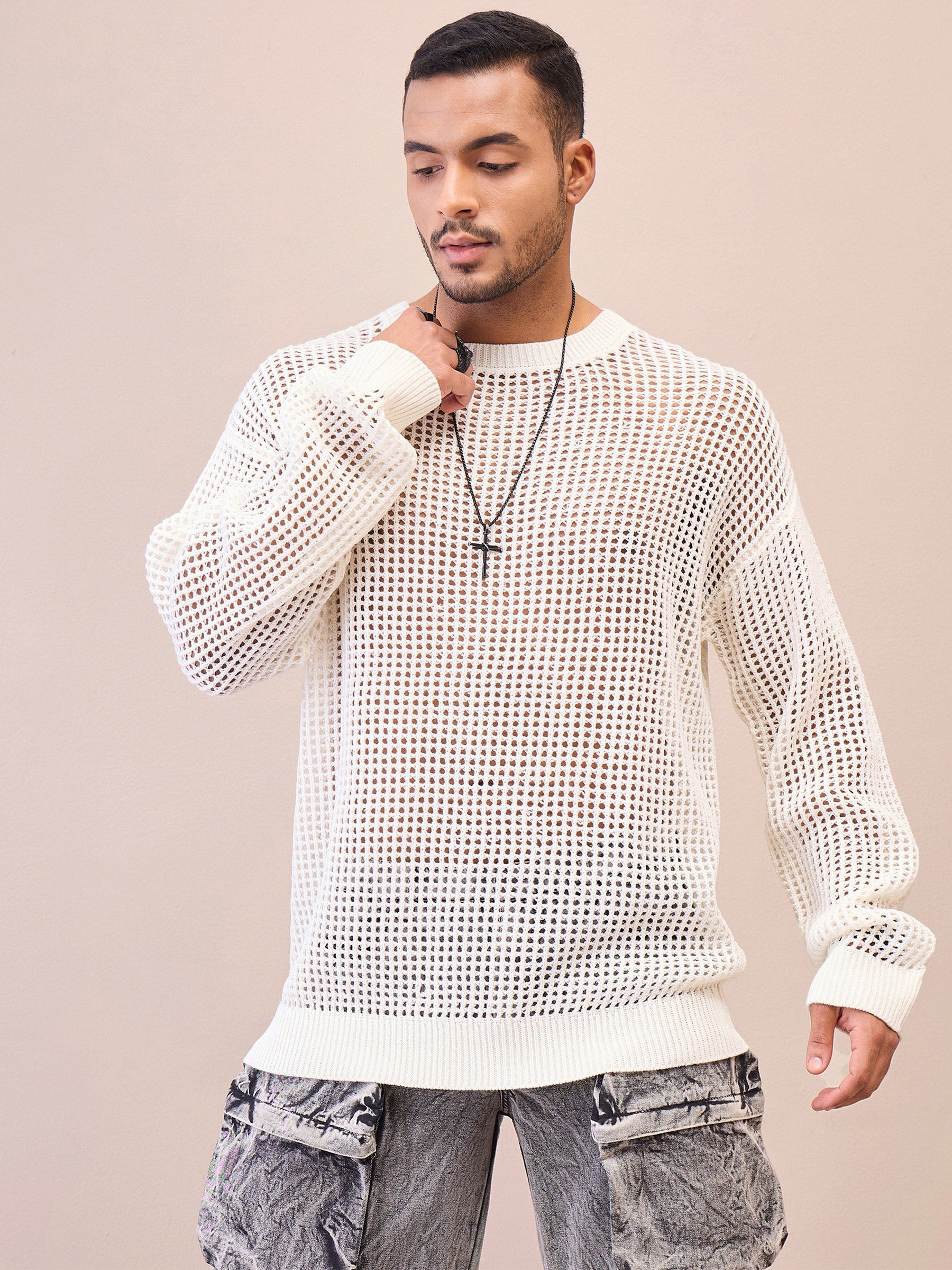 Men Unisex Off White Oversize Crochet Sweater - Main Image