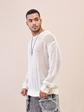 Unisex Off White Oversize Crochet Sweater-MASCLN SASSAFRAS