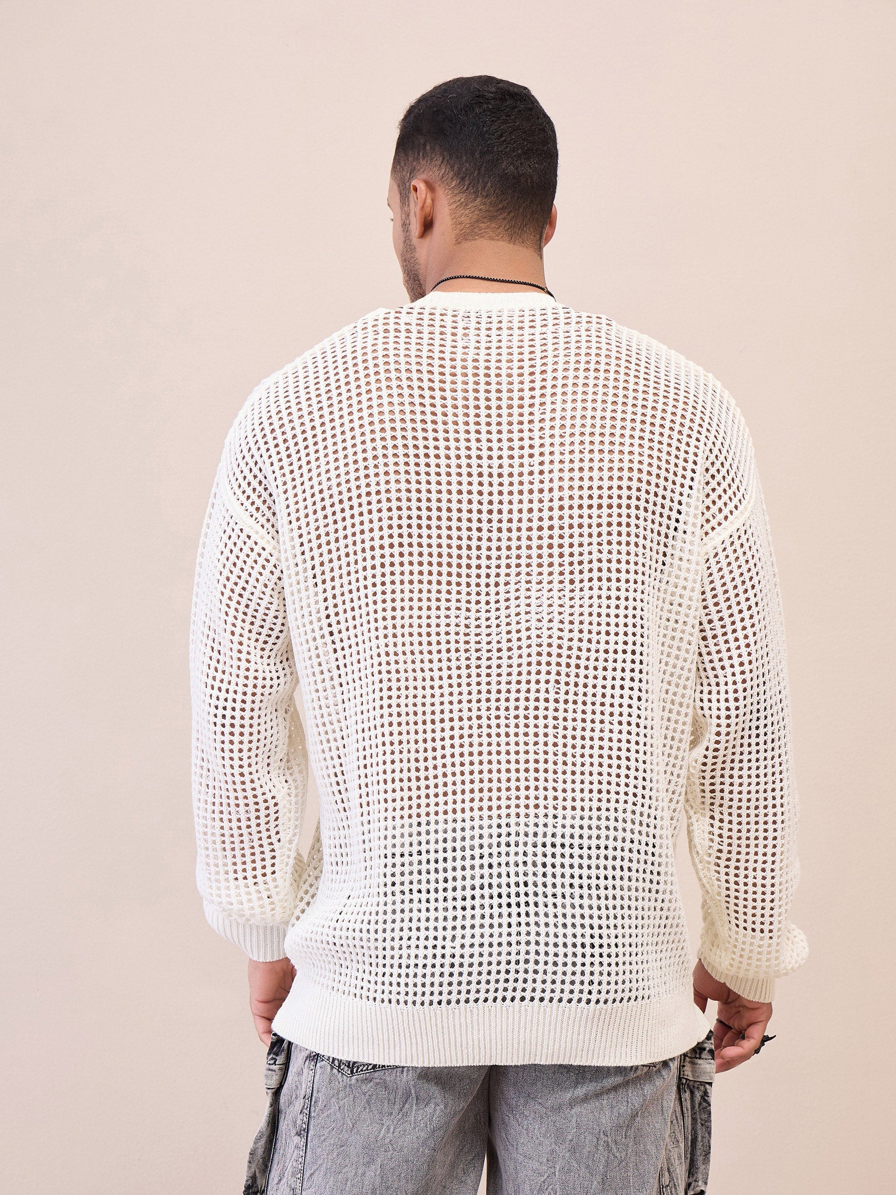 Unisex Off White Oversize Crochet Sweater-MASCLN SASSAFRAS