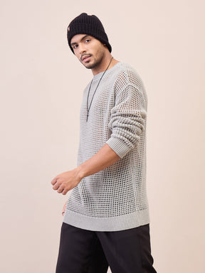 Unisex Light Grey Oversize Crochet Sweater-MASCLN SASSAFRAS