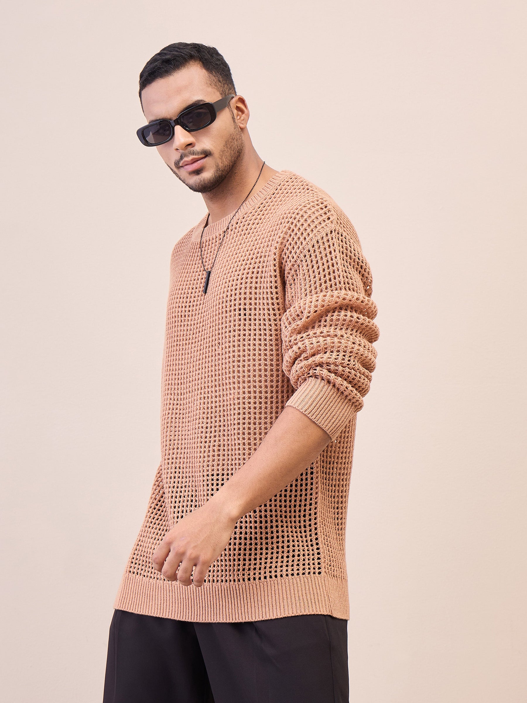 Unisex Beige Oversize Crochet Sweater-MASCLN SASSAFRAS