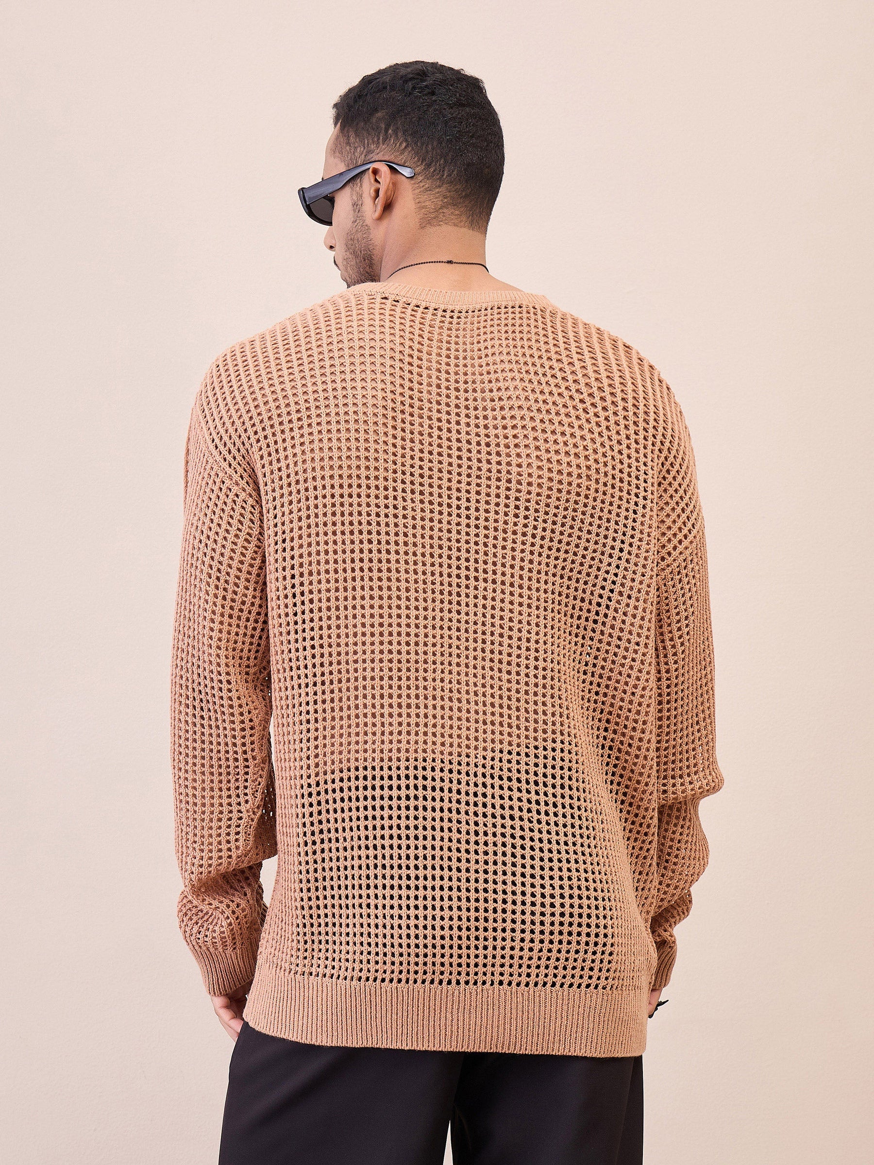 Unisex Beige Oversize Crochet Sweater-MASCLN SASSAFRAS