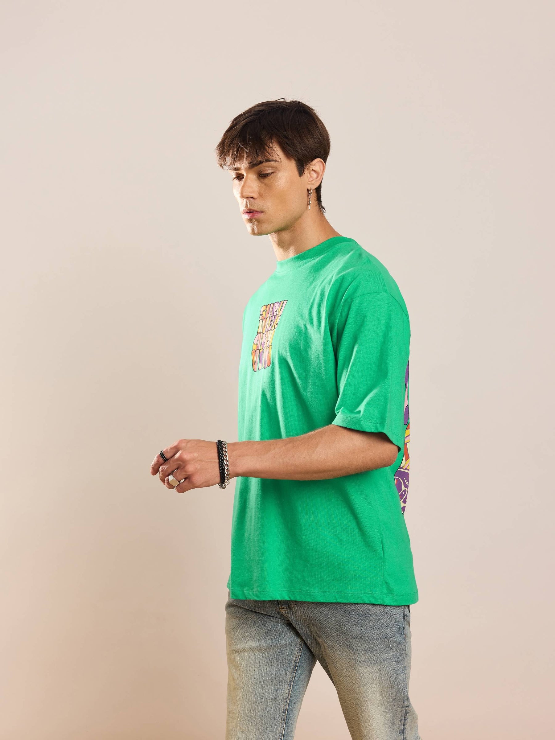 Unisex Green Printed Oversized T-Shirt-MASCLN SASSAFRAS