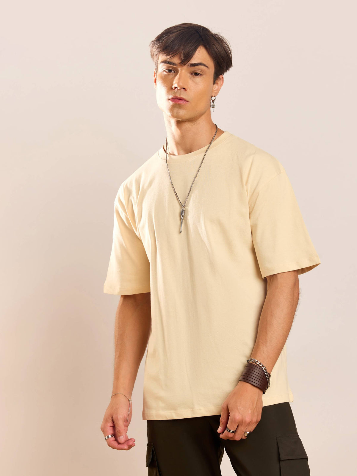 Unisex Beige Floral Back Print Oversized T-Shirt-MASCLN SASSAFRAS