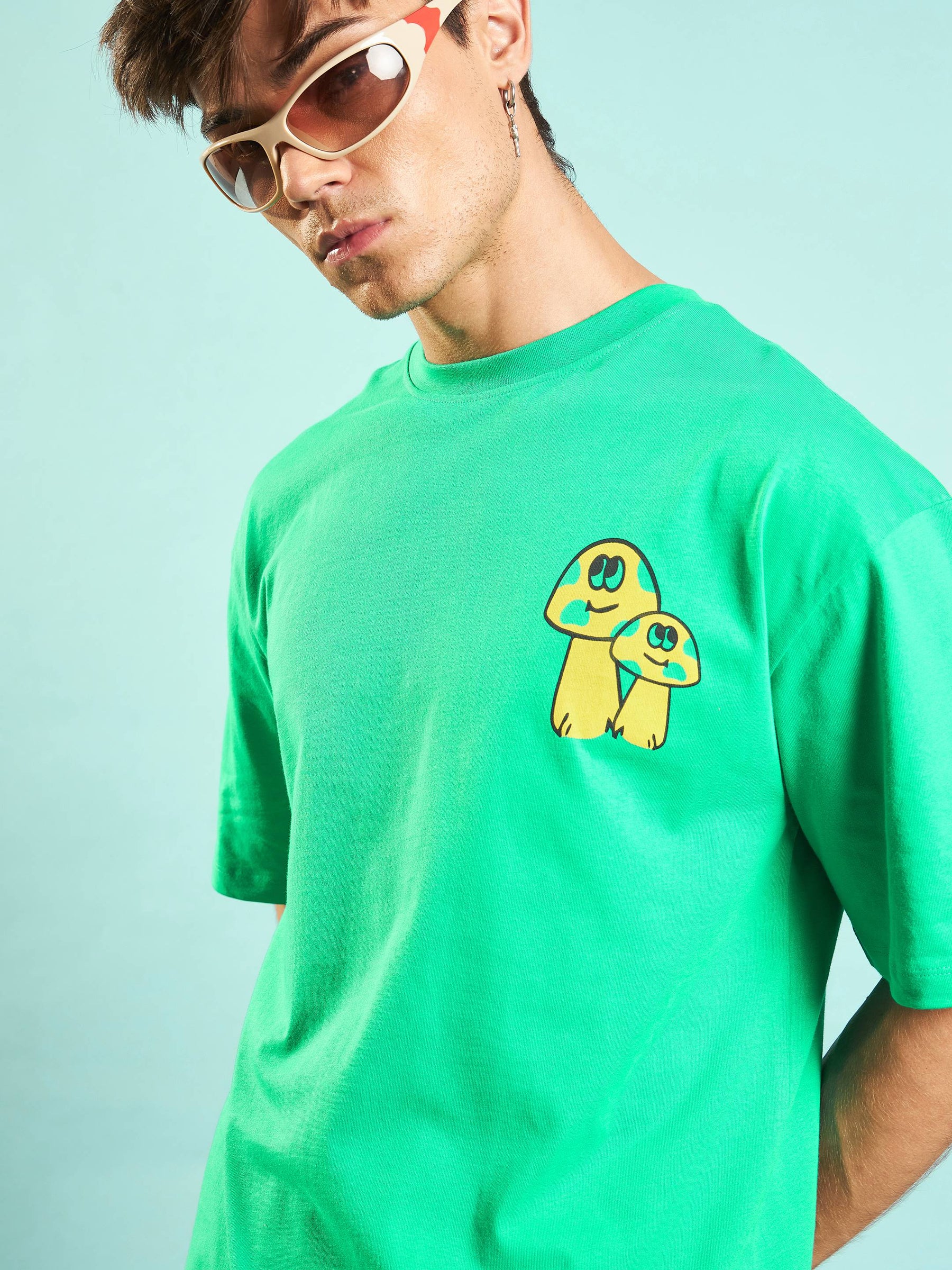 Unisex Green Mushroom Print Oversized T-Shirt-MASCLN SASSAFRAS